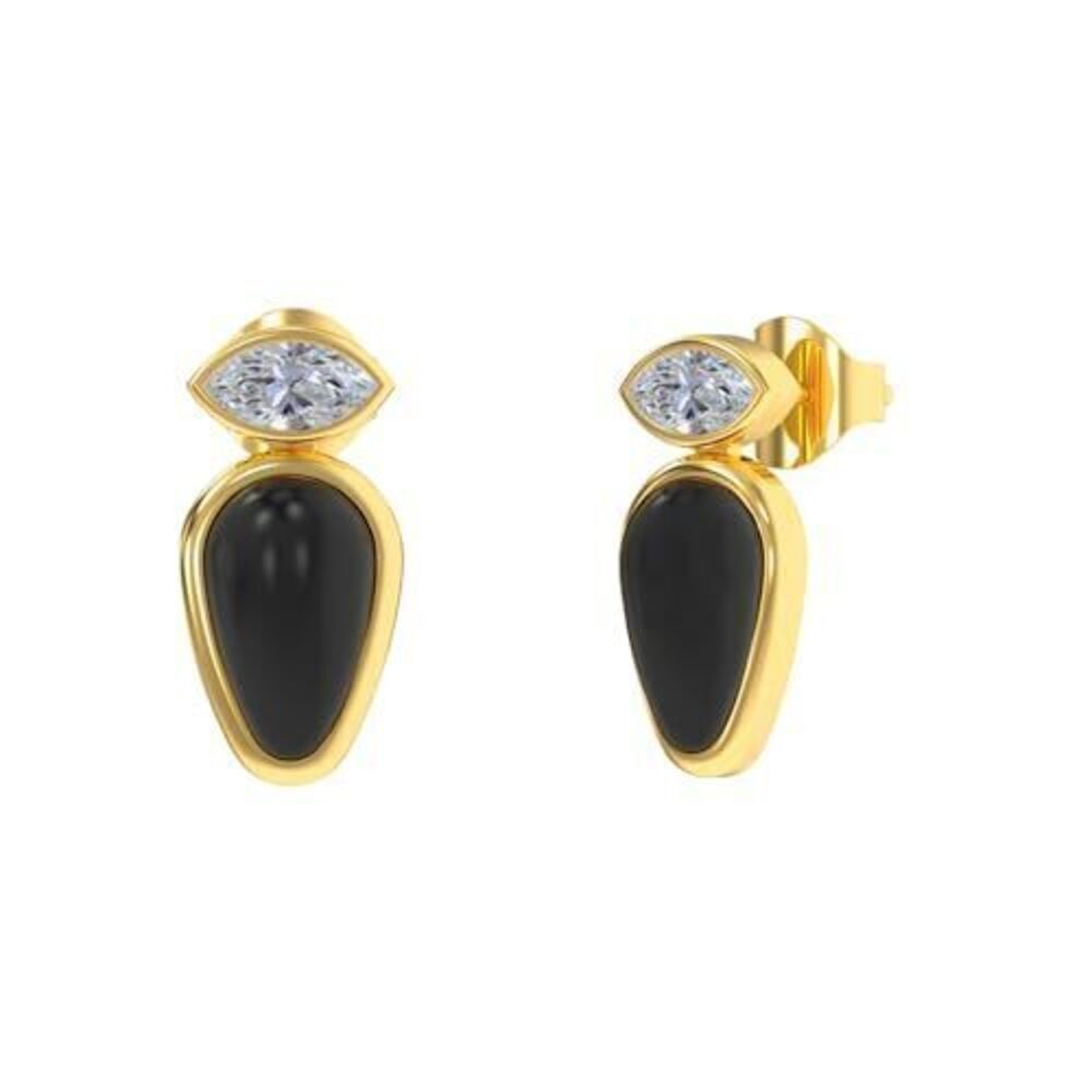 2116 Black Onyx Stud Earrings in Pear Shape - 18K Gold Plated, Certified